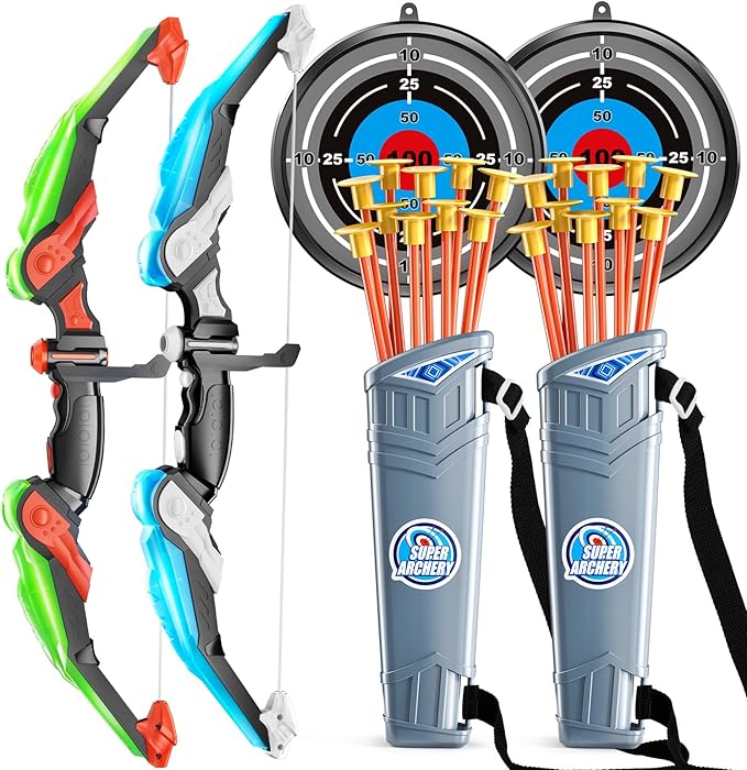 TEMI LED Bow and Arrow Set for Kids – 2 Bows, 20 Suction Arrows, Quivers & Targets – Light-Up Archery Toy for Boys & Girls Ages 3–12 – Outdoor Game