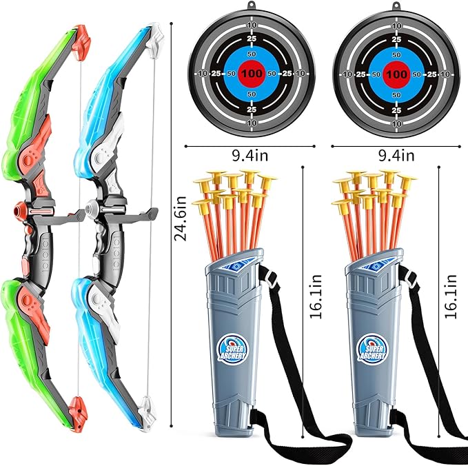 TEMI LED Bow and Arrow Set for Kids – 2 Bows, 20 Suction Arrows, Quivers & Targets – Light-Up Archery Toy for Boys & Girls Ages 3–12 – Outdoor Game