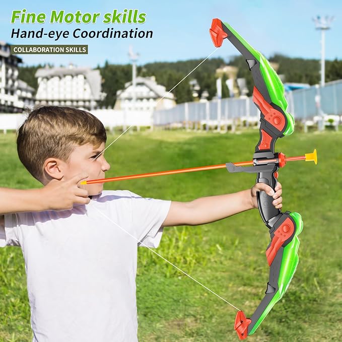 TEMI LED Bow and Arrow Set for Kids – 2 Bows, 20 Suction Arrows, Quivers & Targets – Light-Up Archery Toy for Boys & Girls Ages 3–12 – Outdoor Game