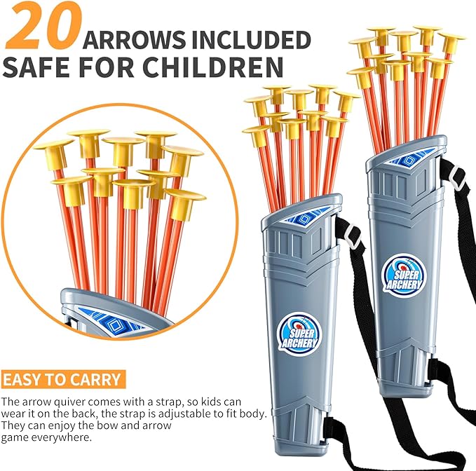 TEMI LED Bow and Arrow Set for Kids – 2 Bows, 20 Suction Arrows, Quivers & Targets – Light-Up Archery Toy for Boys & Girls Ages 3–12 – Outdoor Game