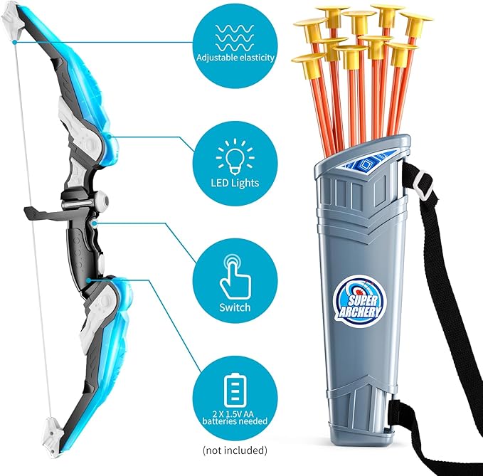 TEMI LED Bow and Arrow Set for Kids – 2 Bows, 20 Suction Arrows, Quivers & Targets – Light-Up Archery Toy for Boys & Girls Ages 3–12 – Outdoor Game