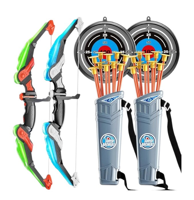 TEMI LED Bow and Arrow Set for Kids – 2 Bows, 20 Suction Arrows, Quivers & Targets – Light-Up Archery Toy for Boys & Girls Ages 3–12 – Outdoor Game