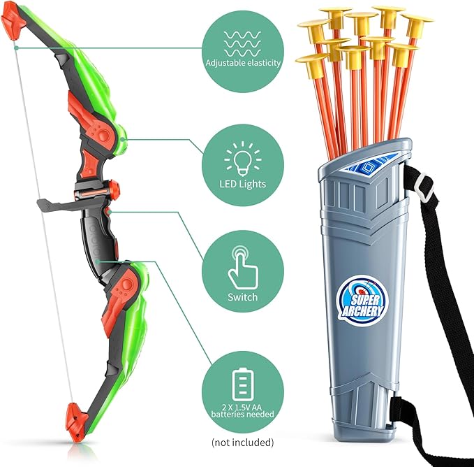 TEMI LED Super Archery Kit Kids Bow and Arrow Toy with Light, Suction Cup Arrows for Boy and Girl Ages 3-12