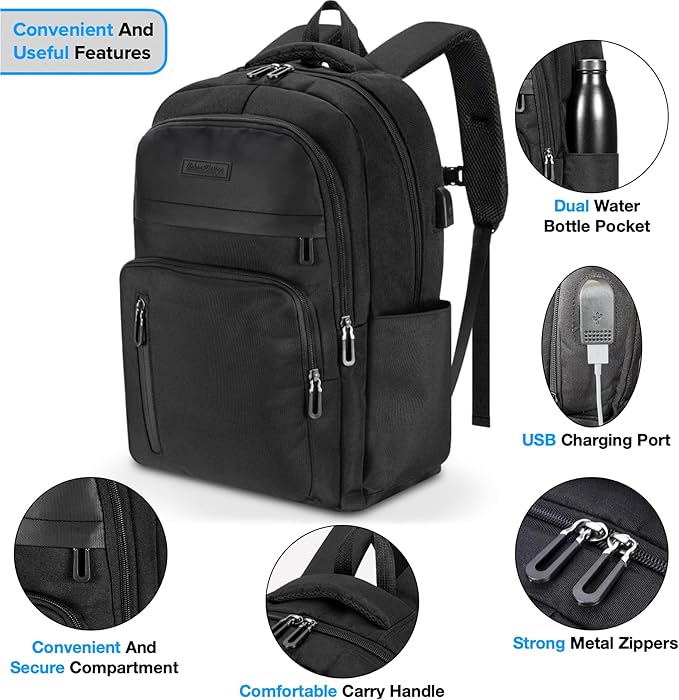 Urban4Design Laptop Backpack with USB Charging Port – 15.6 Inch, Travel, Work Rucksack for Men & Women, Water Resistant - Black