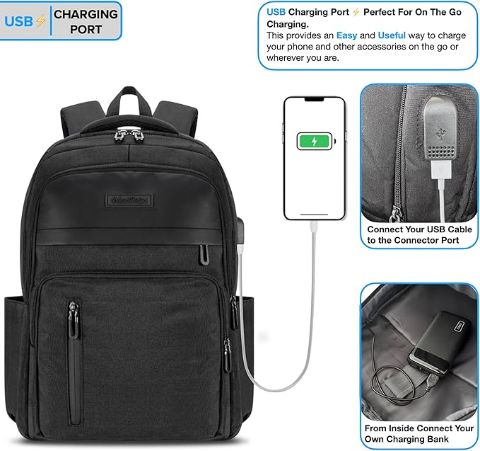 Urban4Design Laptop Backpack with USB Charging Port – 15.6 Inch, Travel, Work Rucksack for Men & Women, Water Resistant - Black