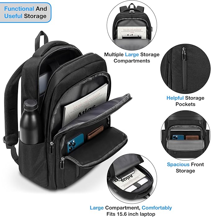 Urban4Design Laptop Backpack with USB Charging Port – 15.6 Inch, Travel, Work Rucksack for Men & Women, Water Resistant - Black