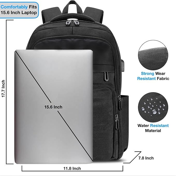 Urban4Design Laptop Backpack with USB Charging Port – 15.6 Inch, Travel, Work Rucksack for Men & Women, Water Resistant - Black