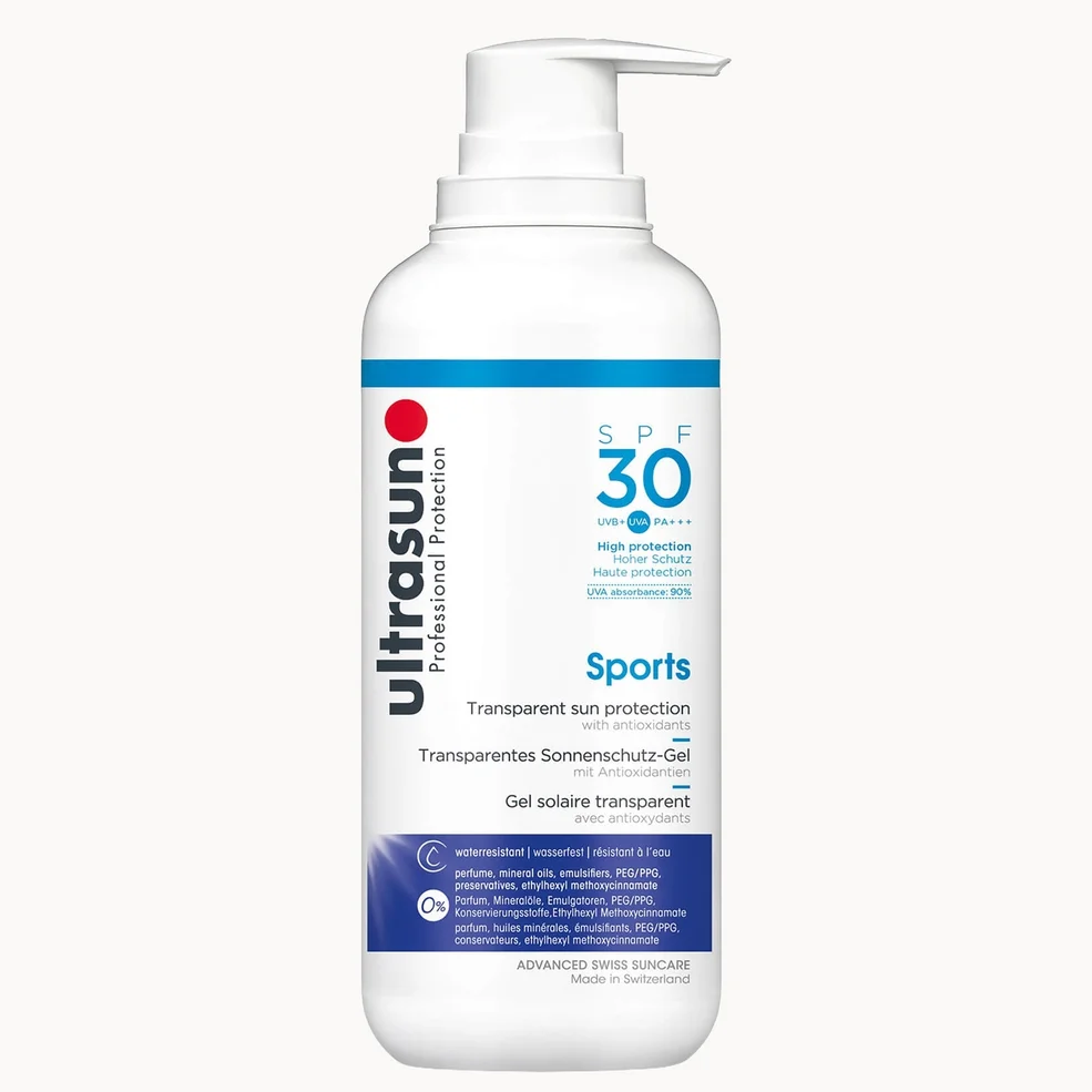 A bottle of Ultrasun Sports sunscreen gel with a white pump dispenser, featuring blue and red branding on a clean white background.