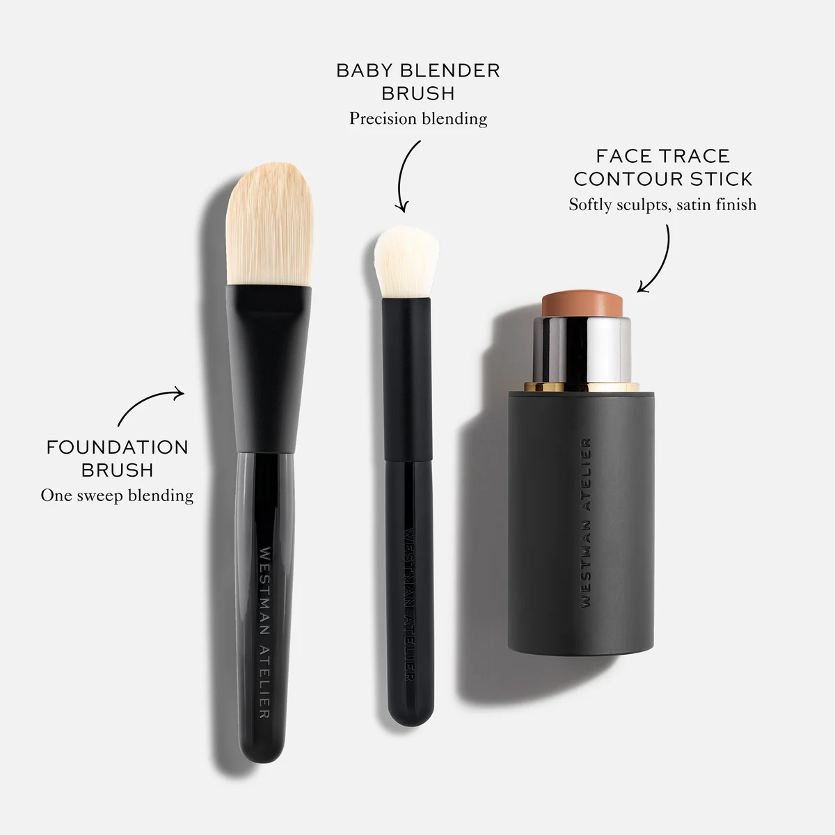 Three makeup brushes and a face contour stick from Westman Atelier arranged on a light gray background with callout text labels: foundation brush, baby blender brush, and face trace contour stick.