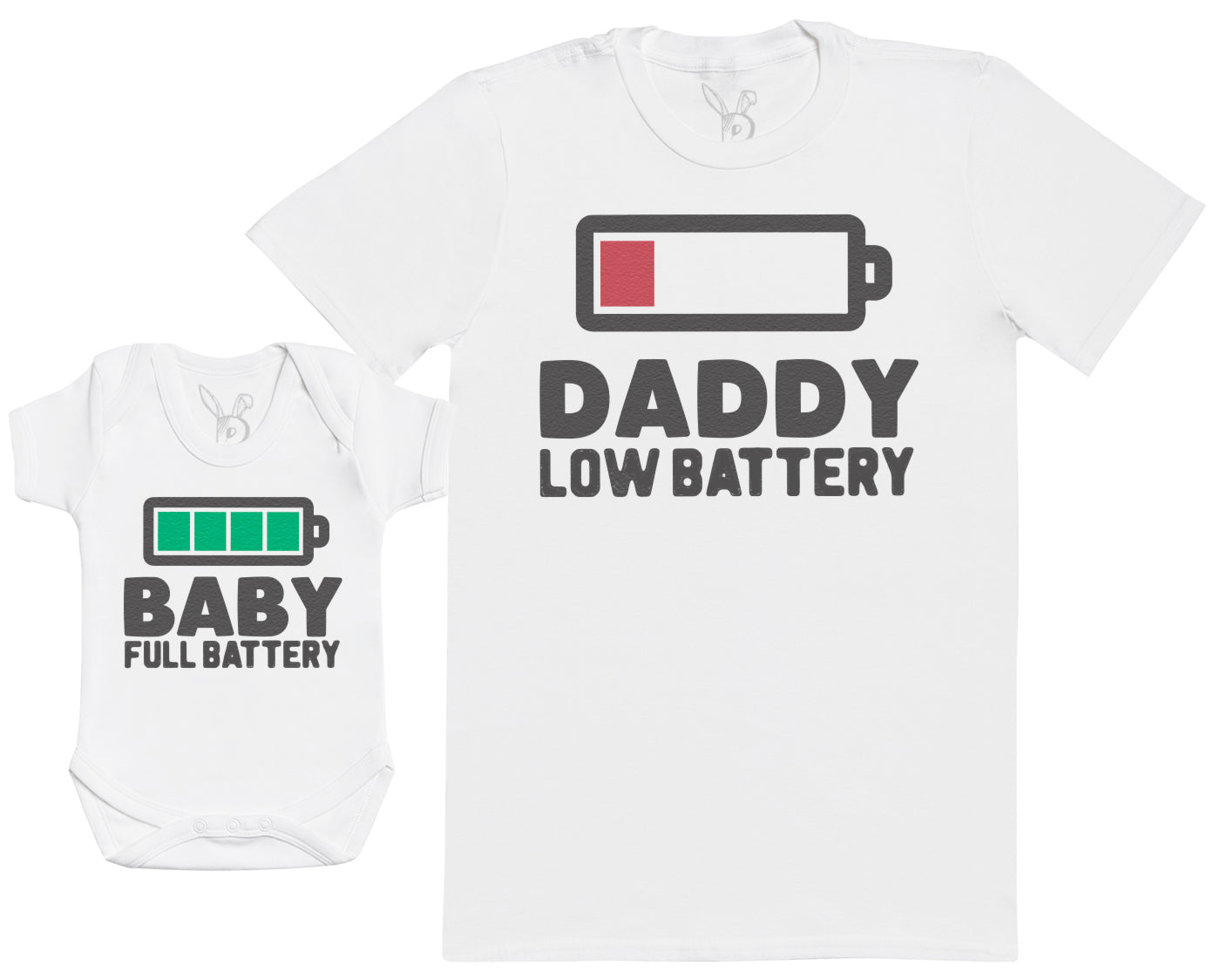 Daddy & Baby Matching Set - T-Shirt & Onesie - Full Battery & Low Battery - White - SIZE M + 0-3 months