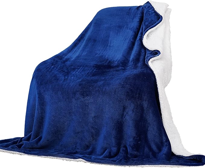 Winthome Queen Sized Blue Sherpa Fleece Throw Blanket (Blue, 228x228cm)