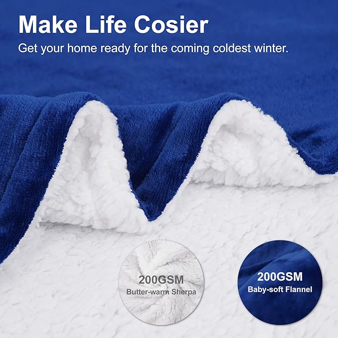 Winthome Queen Sized Blue Sherpa Fleece Throw Blanket (Blue, 228x228cm)