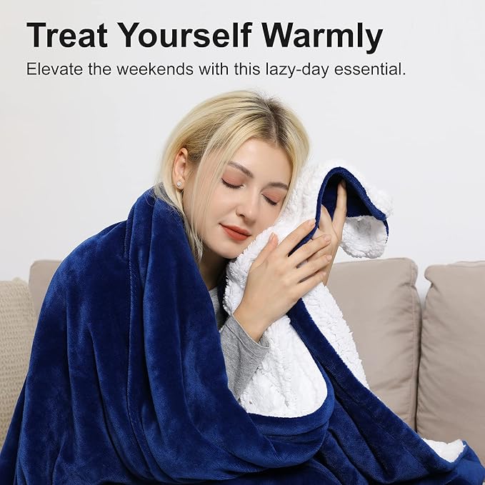 Winthome Queen Sized Blue Sherpa Fleece Throw Blanket (Blue, 228x228cm)
