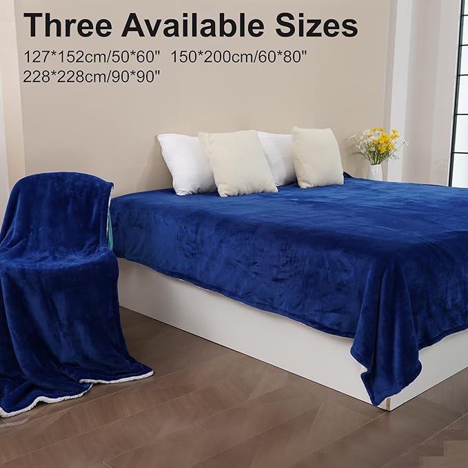 Winthome Queen Sized Blue Sherpa Fleece Throw Blanket (Blue, 228x228cm)