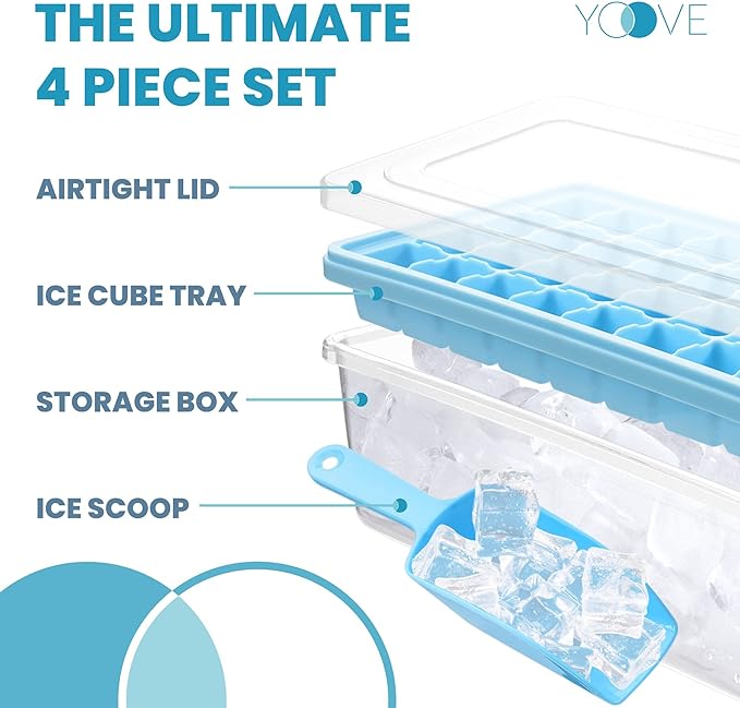 Yoove - Ice Cube Maker With Lid & Bin For Cocktails & Whisky BPA Free Silicone Container, Nugget Tray With Ladle