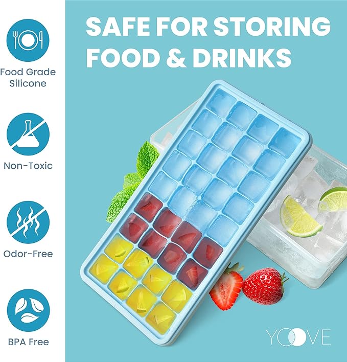 Yoove - Ice Cube Maker With Lid & Bin For Cocktails & Whisky BPA Free Silicone Container, Nugget Tray With Ladle