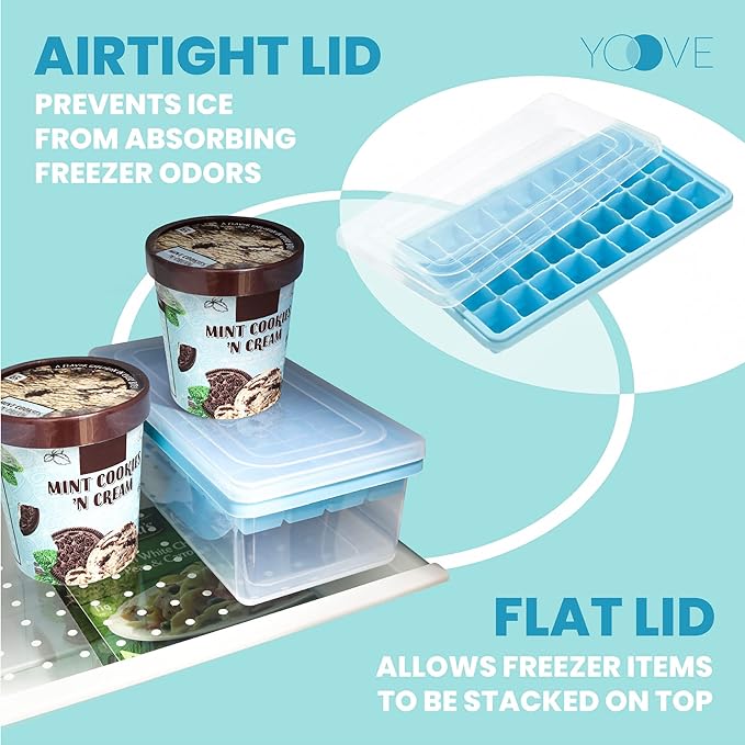 Yoove - Ice Cube Maker With Lid & Bin For Cocktails & Whisky BPA Free Silicone Container, Nugget Tray With Ladle