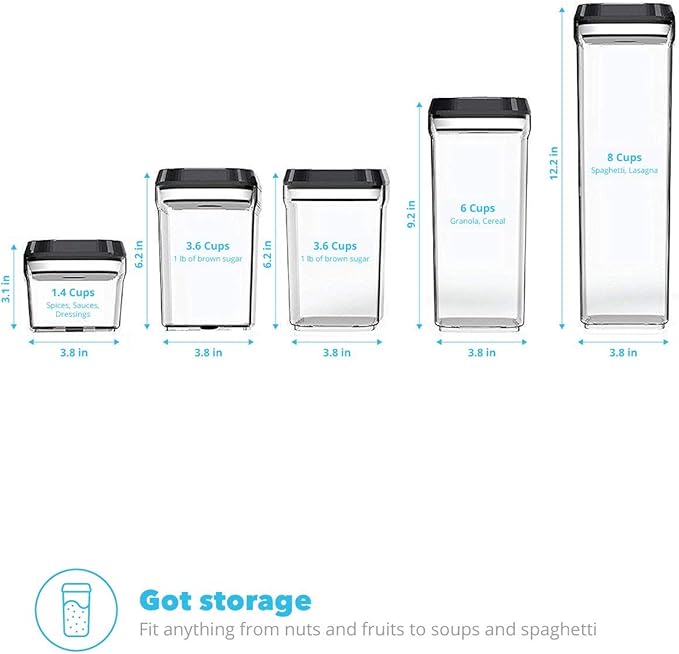 Zeppoli Airtight Food Storage Containers - BPA-Free Clear Plastic with Black Lids - Set 5 Piece