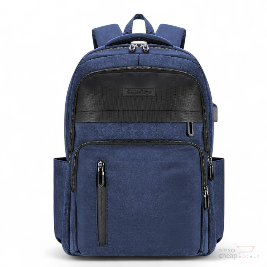 Urban4Design 15.6 Inch Laptop Backpack with USB Charging Port Blue | Water-Resistant Travel Rucksack