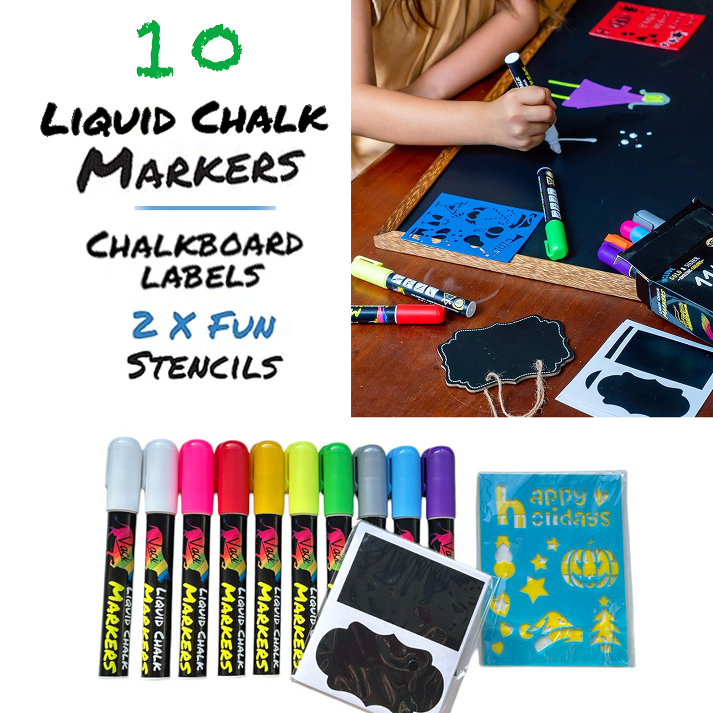 Vaci 10-Pack Neon & Metallic Liquid Chalk Markers – Reversible 6mm Tips, 16 Labels, 2 Stencils, Non-Toxic