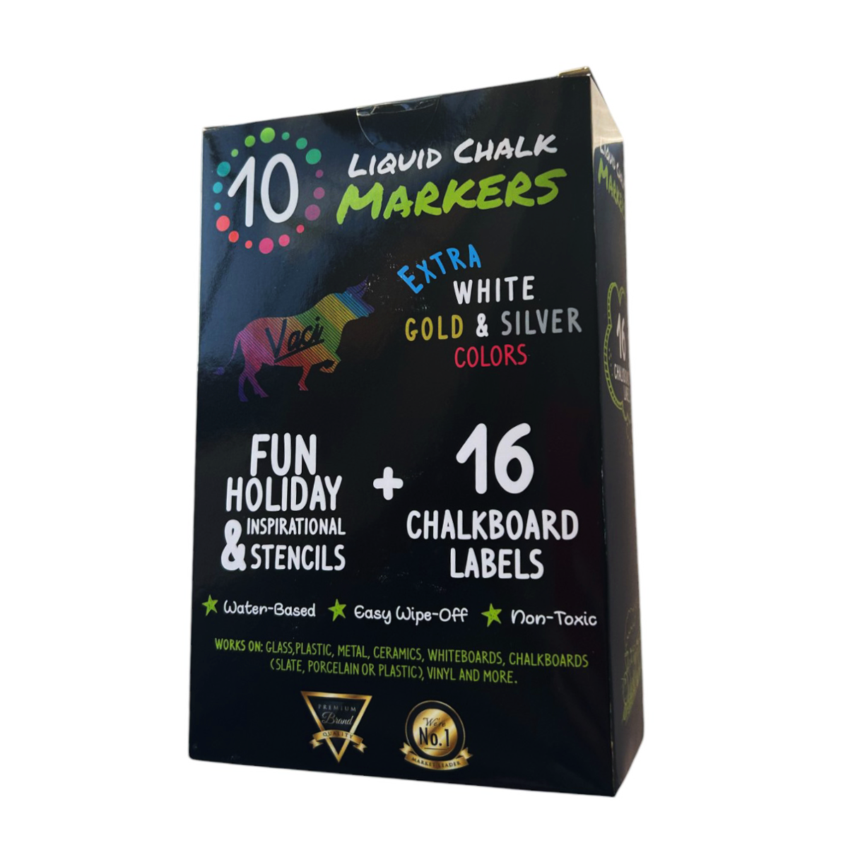 Pack of 10 Neon & Metallic Liquid Chalk Markers, Reversible Tip (6 Labels & 2 Stencils inc)