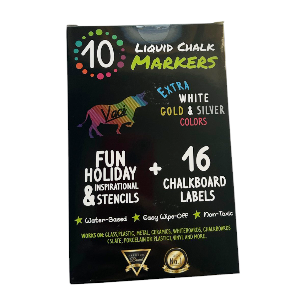 Pack of 10 Neon & Metallic Liquid Chalk Markers, Reversible Tip (6 Labels & 2 Stencils inc)