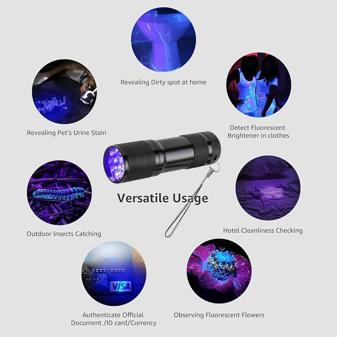 UV Torch, 9 LED 395nm Ultraviolet Flashlight, Blacklight Detector for Pet Urine, Stain, Bed Bugs and More