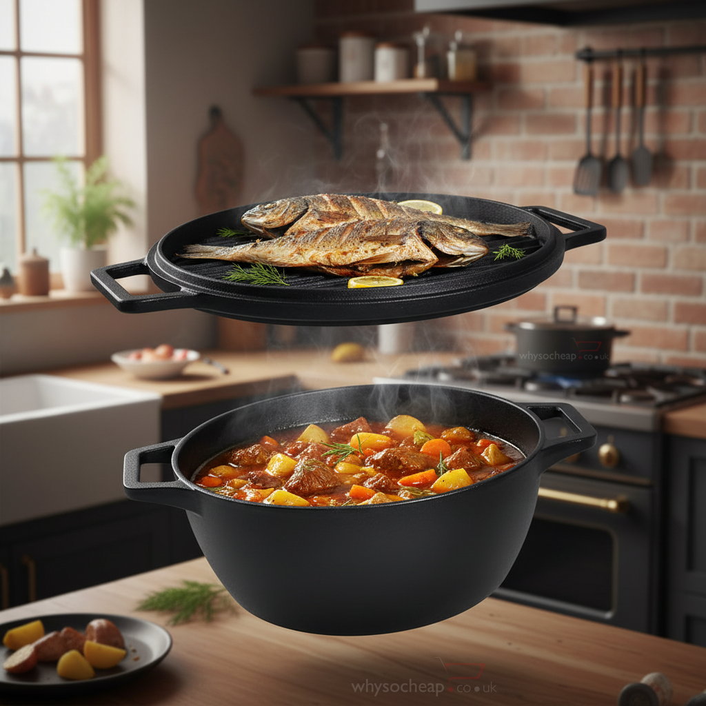 CrushGrind® 4-in-1 Cast Iron Dutch Oven 6.5L – Casserole / Grill Pan, Bread Dome & Pizza Stone in One