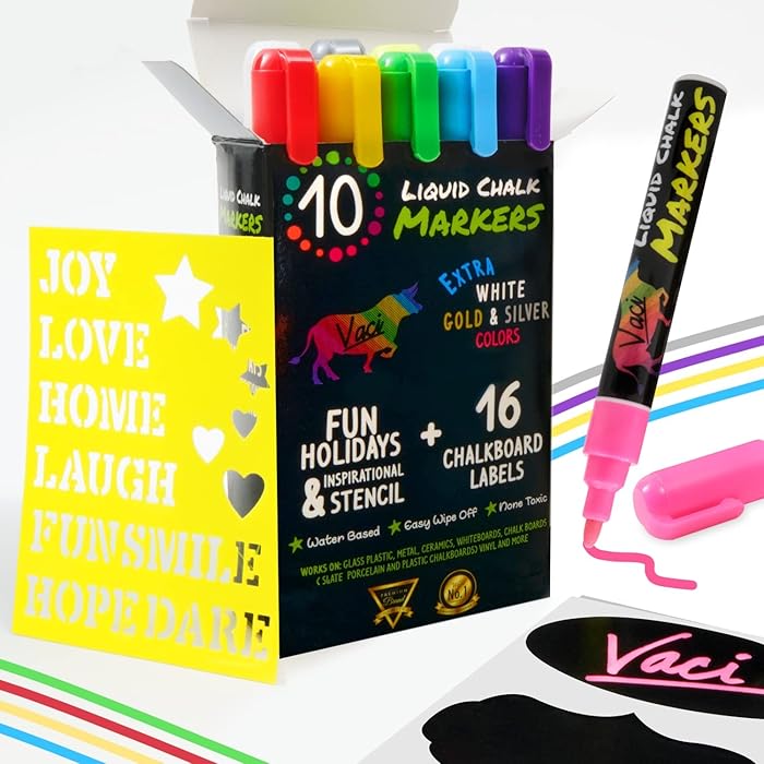 Vaci 10-Pack Neon & Metallic Liquid Chalk Markers – Reversible 6mm Tips, 16 Labels, 2 Stencils, Non-Toxic