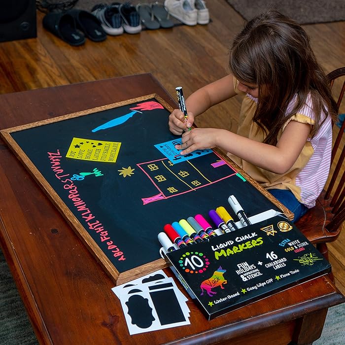 Pack of 10 Neon & Metallic Liquid Chalk Markers, Reversible Tip (6 Labels & 2 Stencils inc)