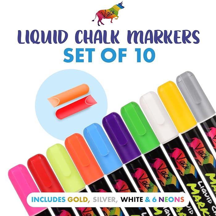 Vaci 10-Pack Neon & Metallic Liquid Chalk Markers – Reversible 6mm Tips, 16 Labels, 2 Stencils, Non-Toxic