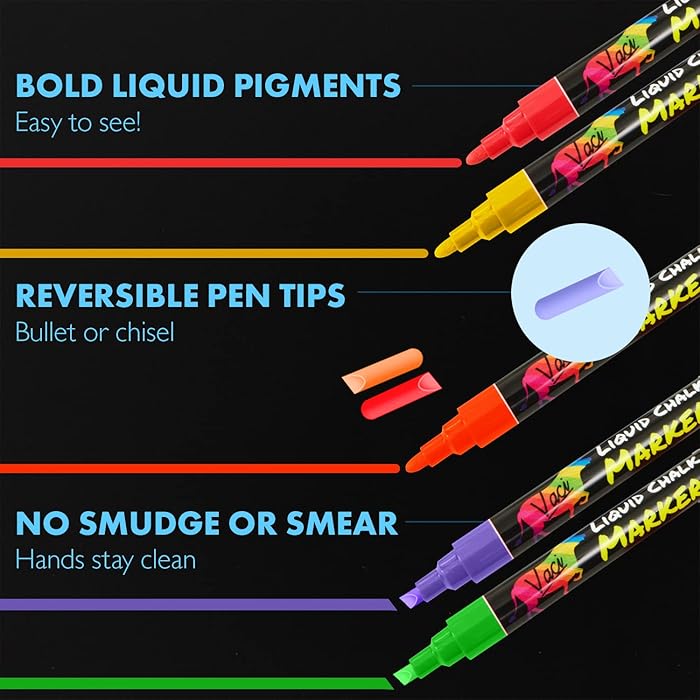 Pack of 10 Neon & Metallic Liquid Chalk Markers, Reversible Tip (6 Labels & 2 Stencils inc)