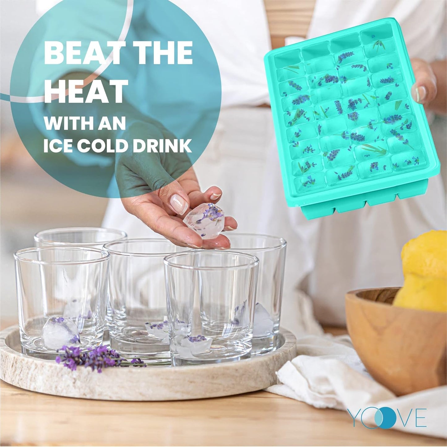 Yoove - Ice Cube Tray With Lid & Bin BPA Free Silicone Container, Nugget Tray With Ladle - Aqua Turquoise