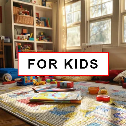 for kids collection card - a playroom with toys on a colourful carpet