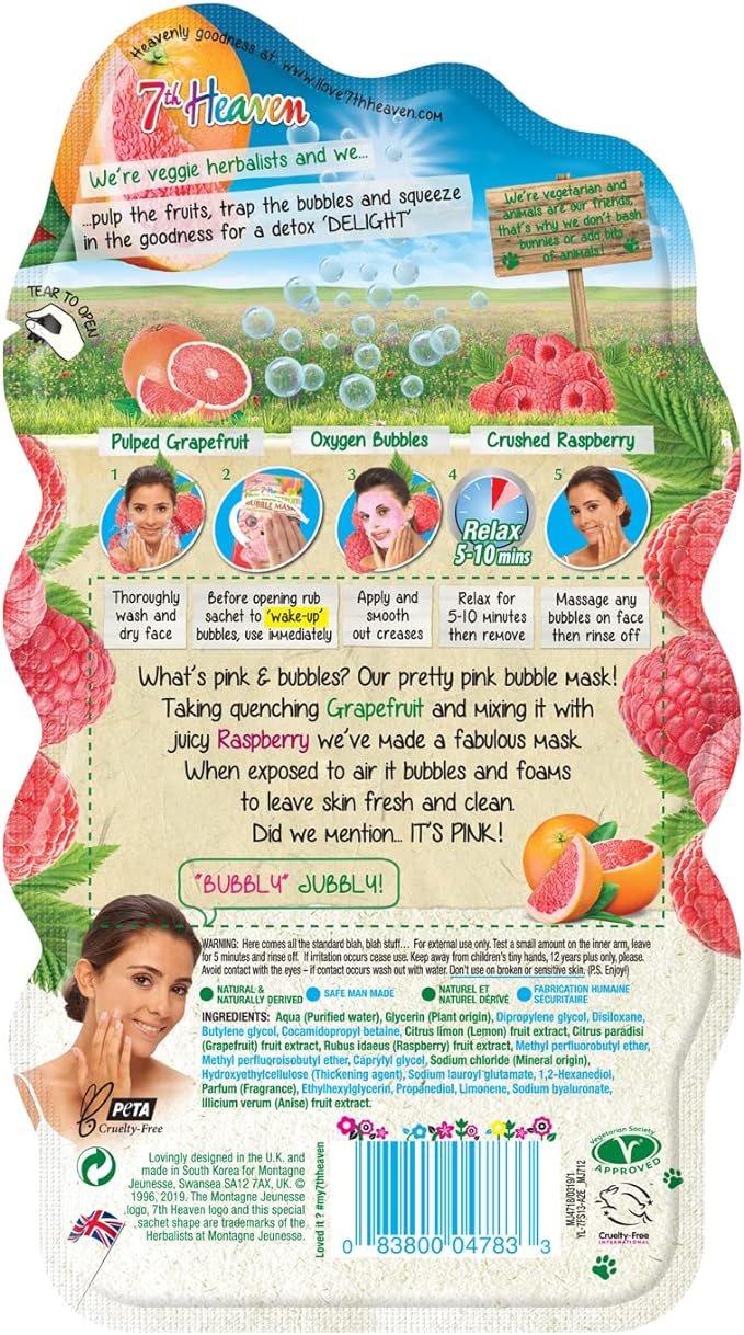 7th Heaven - Pink Oxygen Bubble Moisture Sheet Face Mask For Normal & Combo Skin - Refreshing Grapefruit & Raspberry