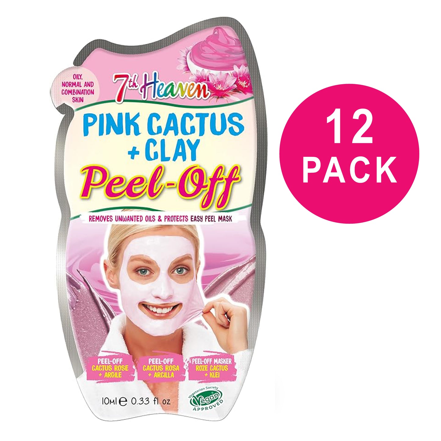 12 x 7th Heaven Pink Cactus Clay Peel Off Face Mask - Detox, Hydrate & Brighten