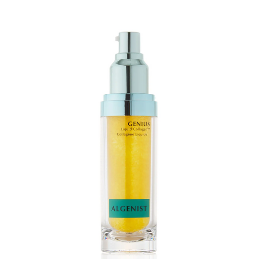 Algenist Genius Liquid Collagen Collagene Lipidique in a clear glass bottle with a metallic silver pump dispenser, filled with yellow liquid, on a white background.