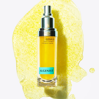 Algenist Genius Liquid Collagen serum in a clear rectangular bottle with a silver pump, filled with golden yellow liquid, set against a bright yellow liquid splash on a white background.