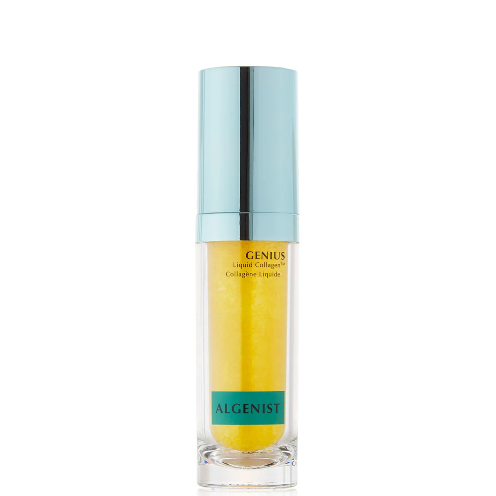 Algenist Genius Liquid Collagen in a clear glass bottle with a metallic silver cap and a yellow liquid inside, set against a plain white background.
