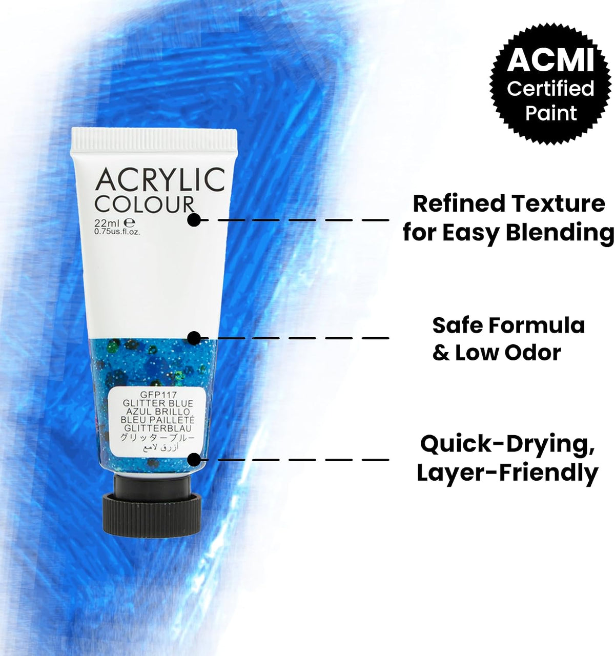 Acrylic paint tube with blue color swatch and certification label on a white background