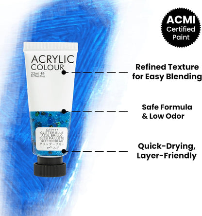 Acrylic paint tube with blue color swatch and certification label on a white background