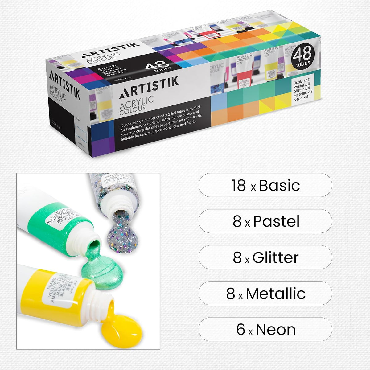 Artistik 48-color acrylic paint set packaging box shown on a light textured background, with inset photos of paint tubes and a paint bottle, plus text listing included types: 18 x Basic, 8 x Pastel, 8 x Glitter, 8 x Metallic, and 6 x Neon.