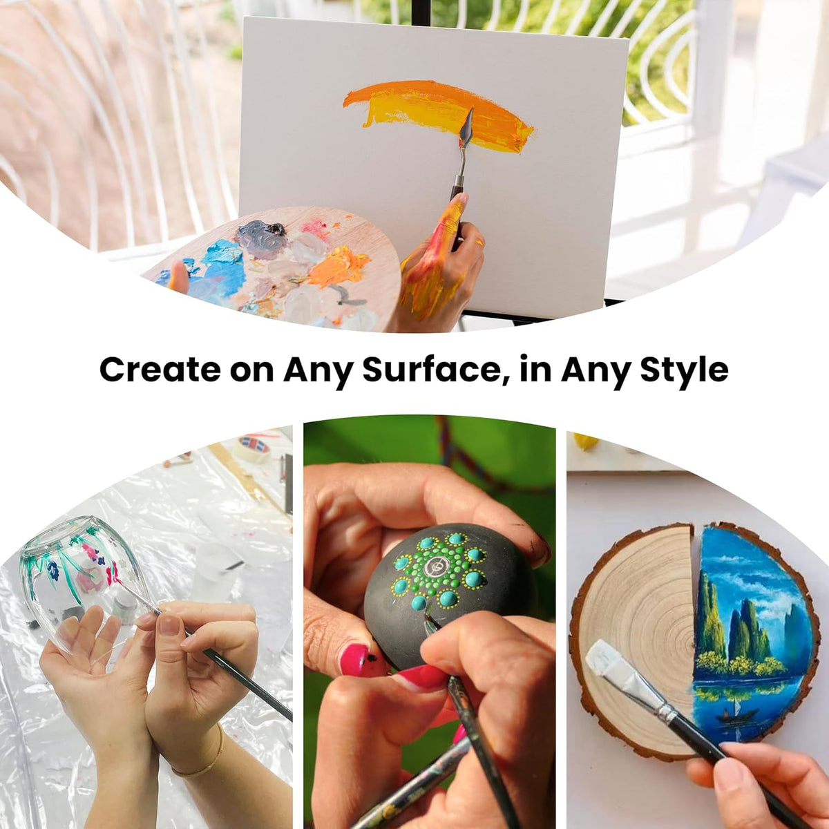 A collage of four photos showing hands painting on different surfaces: a canvas with a paintbrush, a wine glass, a dark round object with colorful dots, and a wooden slice. Text across the center reads, 'Create on Any Surface, in Any Style.