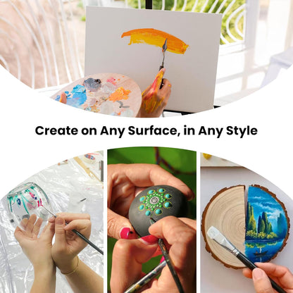 A collage of four photos showing hands painting on different surfaces: a canvas with a paintbrush, a wine glass, a dark round object with colorful dots, and a wooden slice. Text across the center reads, 'Create on Any Surface, in Any Style.
