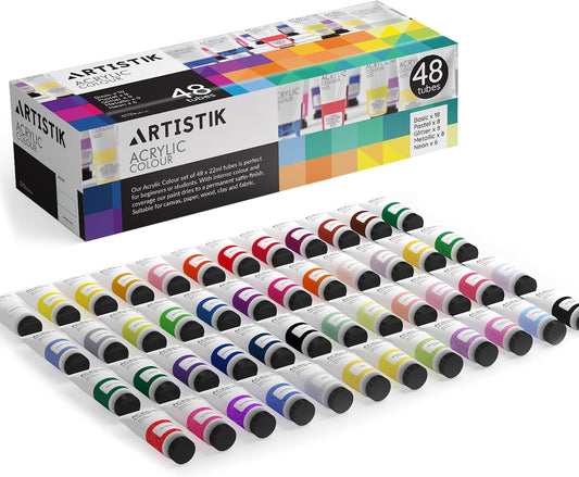A 48-pack of Artistik Acrylic Colour markers arranged in rows in front of their colorful product packaging box on a clean white background.