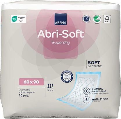 Abri-Soft Superdry disposable soft underpads packaging on a white background