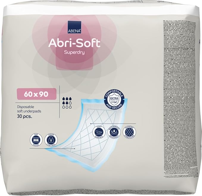 Pack of Abena Abri-Soft disposable soft underpads with product details on a white background
