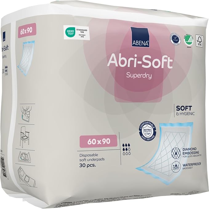 Pack of Abena Abri-Soft Superdry disposable soft pads with branding and product details.