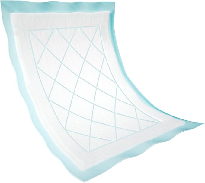 White incontinence bed protection sheet with blue border and geometric pattern on a white background