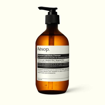 Aesop body cleanser bottle on a white background